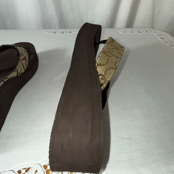 Calvin Klein Brown Monogram Platform Flip Flops | Logo Print Wedge Sandals | Siz - Picture 7 of 13